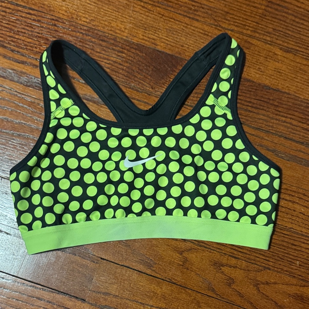 Nike Women's Sports Bra - Black and Neon Green Polka Dots